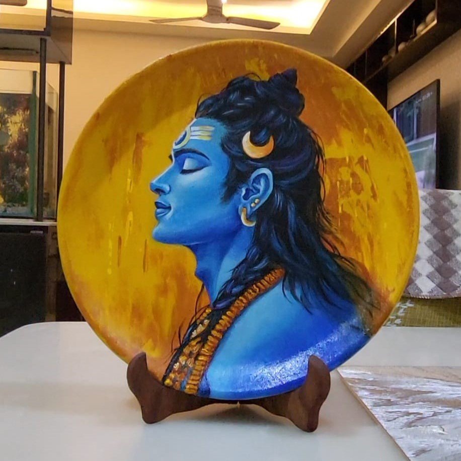 Hand-Painted Lord Shiva Terracotta Decorative Plate - Divine Series Blue & Gold Spiritual Wall Art for Home Décor