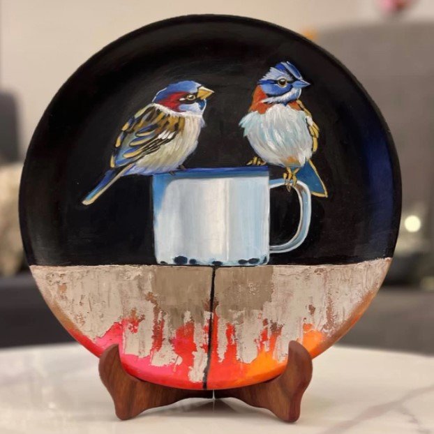 Hand-Painted Terracotta Bird Wall Art Plate - Textured Decorative Clay Platter for Home Decor & Gifting (Handcrafted)
