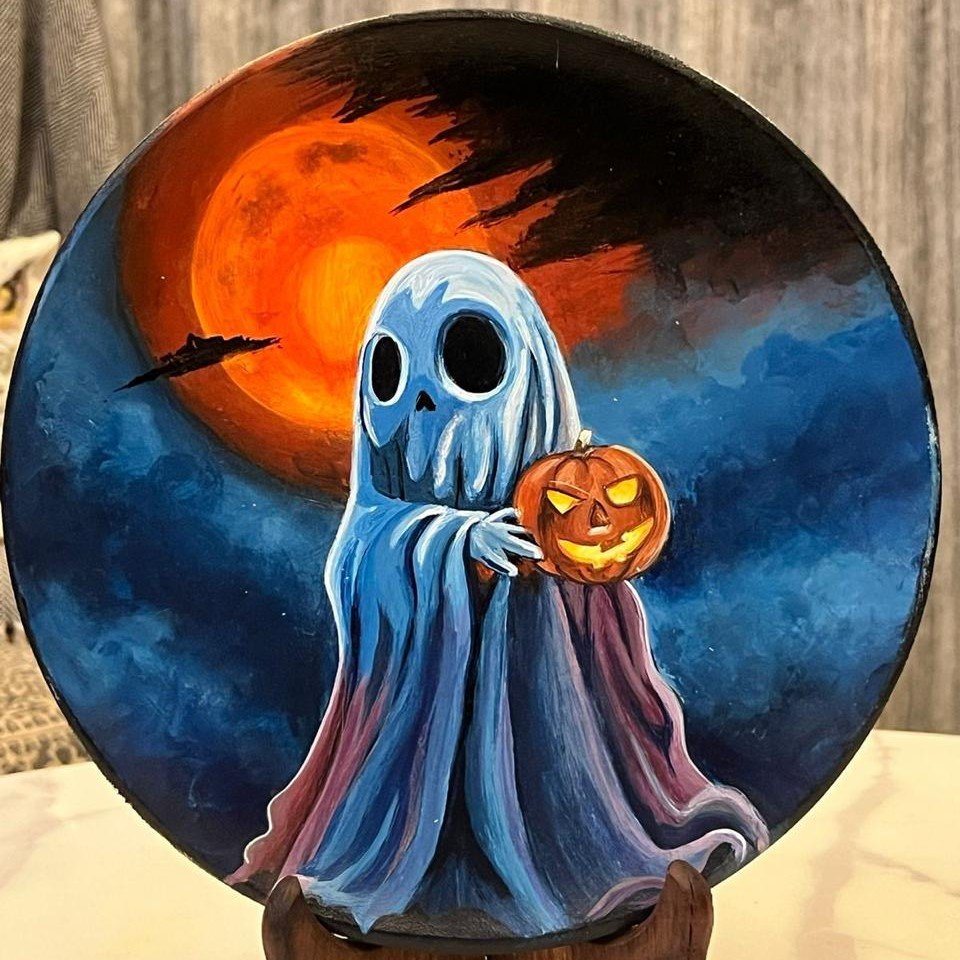 Hand-Painted playful ghost Surrounded by glowing pumpkins