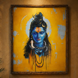 Handcrafted Art of Lord Shiva – A Spiritual Canvas Painting in Blue and Yellow Hues for Home Decor, A Symbol of Power and Devotion.