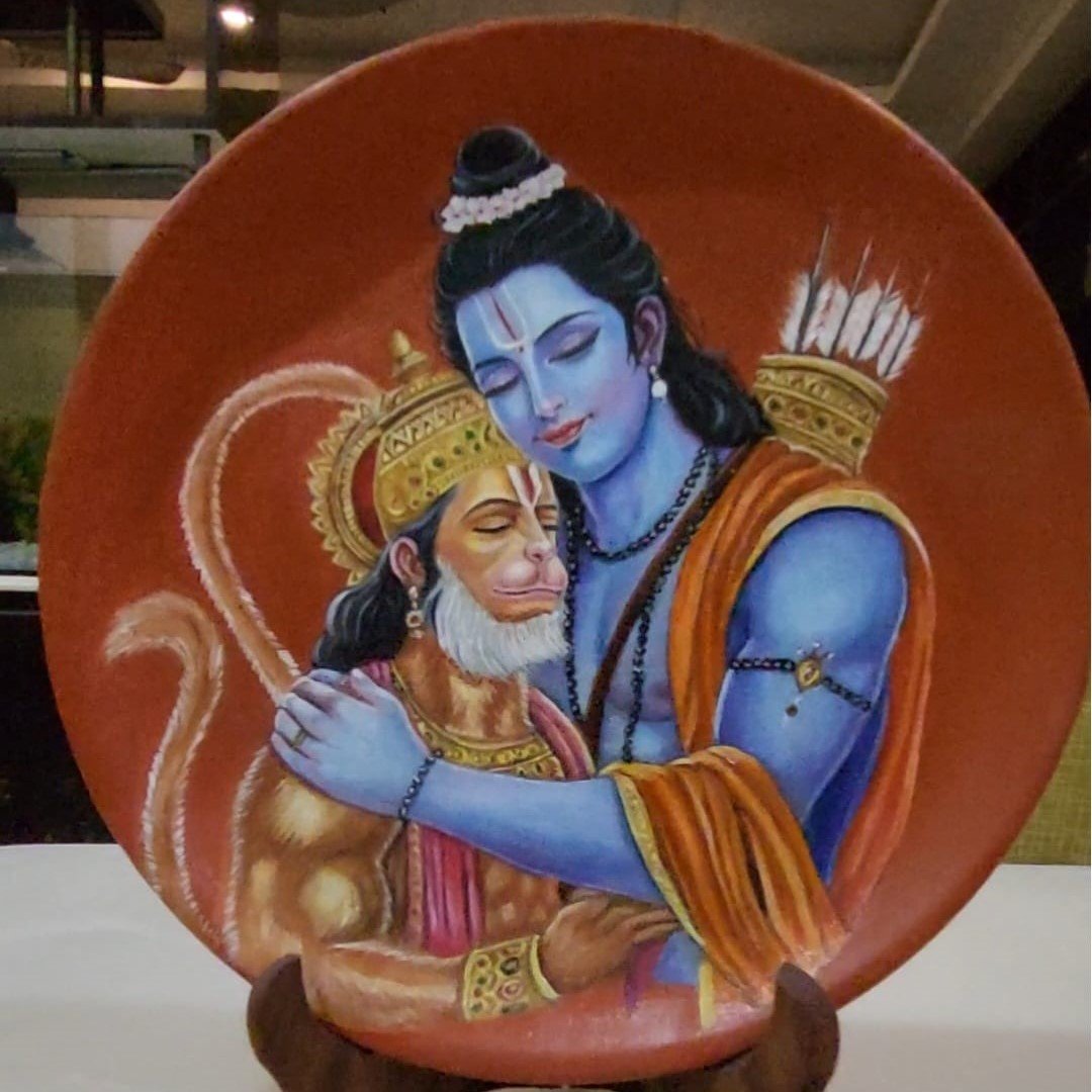 Handcrafted Rama Hanuman Terracotta Plate Vibrant Earthy Tones & Golden Accents Spiritual Wall Décor & Art Piece