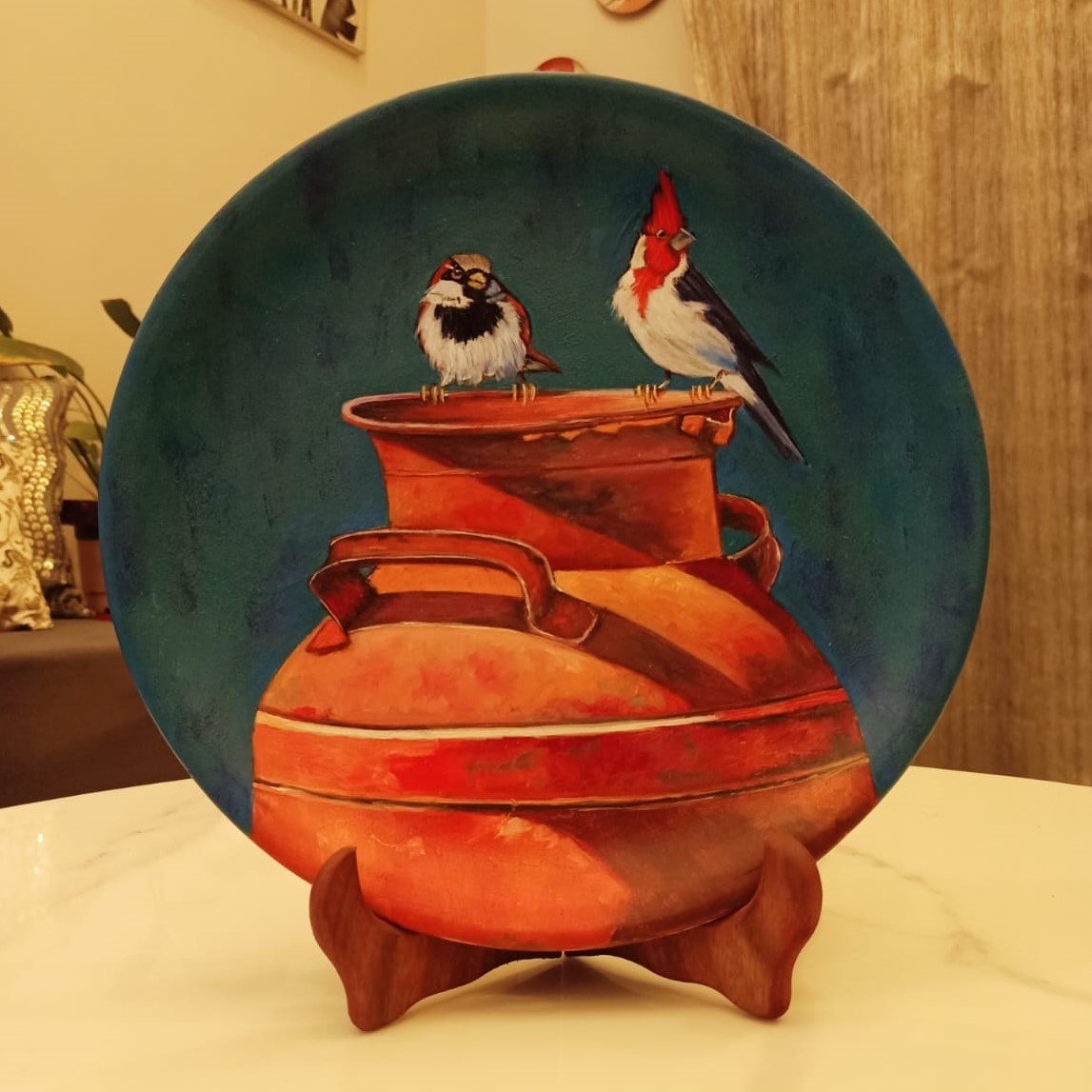 Handcrafted Terracotta Bird Plate Vibrant Hand-Painted Decorative Art Inspired by Nature’s Beauty and Freedom