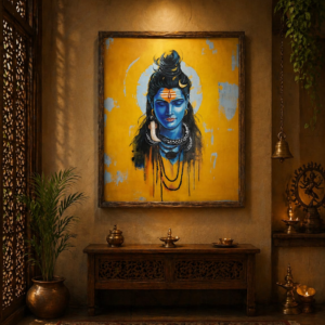 Handcrafted Art of Lord Shiva – A Spiritual Canvas Painting in Blue and Yellow Hues for Home Decor, A Symbol of Power and Devotion.