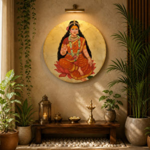 Handcrafted Mixed Media Lakshmi Painting: Gold Coin Halo & Lotus for Vastu Prosperity, Wealth & Spiritual Abundance