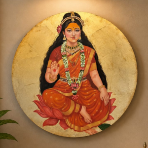 Handcrafted Mixed Media Lakshmi Painting: Gold Coin Halo & Lotus for Vastu Prosperity, Wealth & Spiritual Abundance