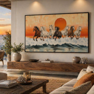 Vastu Running Horses Mixed Media Painting: Hand-Painted Sunset Ocean Art for Success, Strength, and Positive Energy