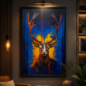 Hand-Painted Majestic Deer Canvas: Vibrant Blue & Gold Contemporary Art | Vastu-Inspired Luxury Statement Wall Decor