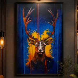 Hand-Painted Majestic Deer Canvas: Vibrant Blue & Gold Contemporary Art | Vastu-Inspired Luxury Statement Wall Decor
