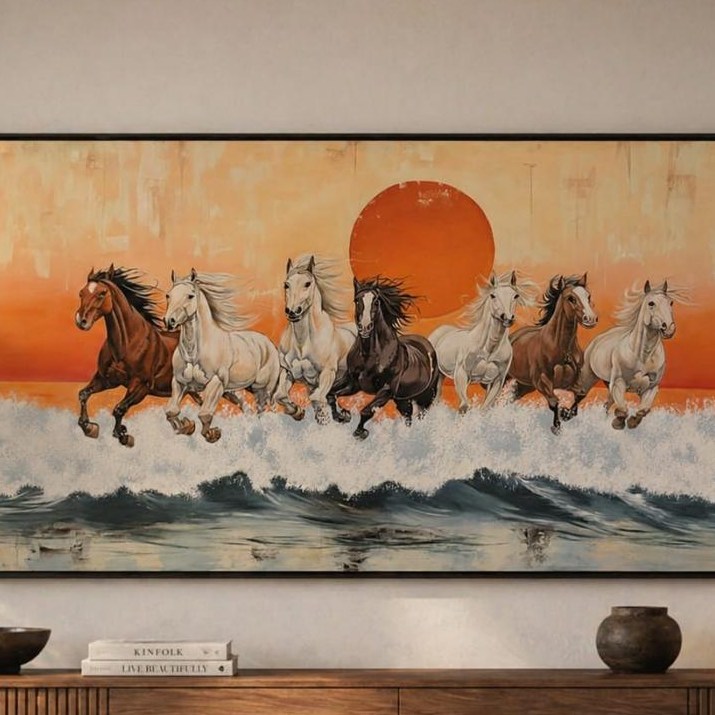 Vastu Running Horses Mixed Media Painting Hand-Painted Sunset Ocean Art for Success