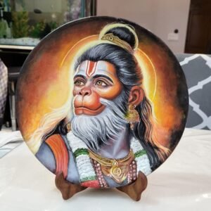 Hand-Painted Divine Hanuman Terracotta Plate – Orange & Gold Meditative Wall Art for Home Décor and Sacred Spaces
