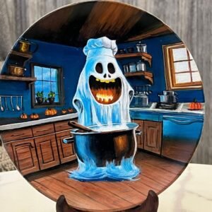 Halloween decorative plate featuring a playful ghost chef in a cozy midnight kitchen