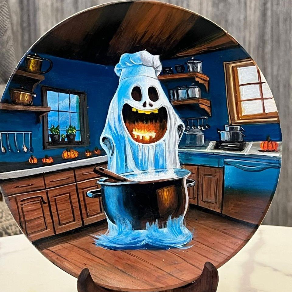 Halloween decorative plate featuring a playful ghost chef in a cozy midnight kitchen