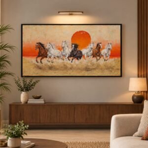 Hand-Painted Seven Horses Wall Art | Galloping Horses Sunset Painting | Handmade Horse Artwork for Living Room & Office Décor
