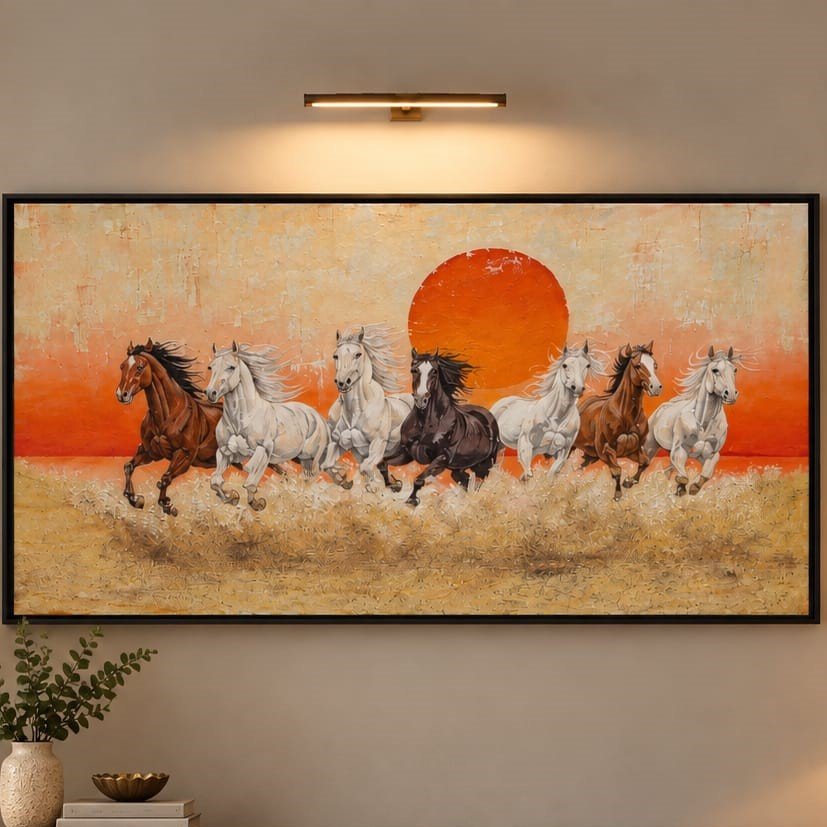 Hand-Painted Seven Horses Wall Art | Galloping Horses Sunset Painting | Handmade Horse Artwork for Living Room & Office Décor