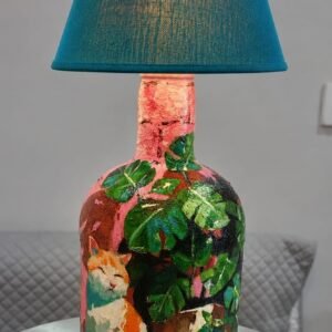 Handcrafted Hand-Painted Bottle Lamp with Teal Fabric Shade – “Cozy Cat & Monstera” Art