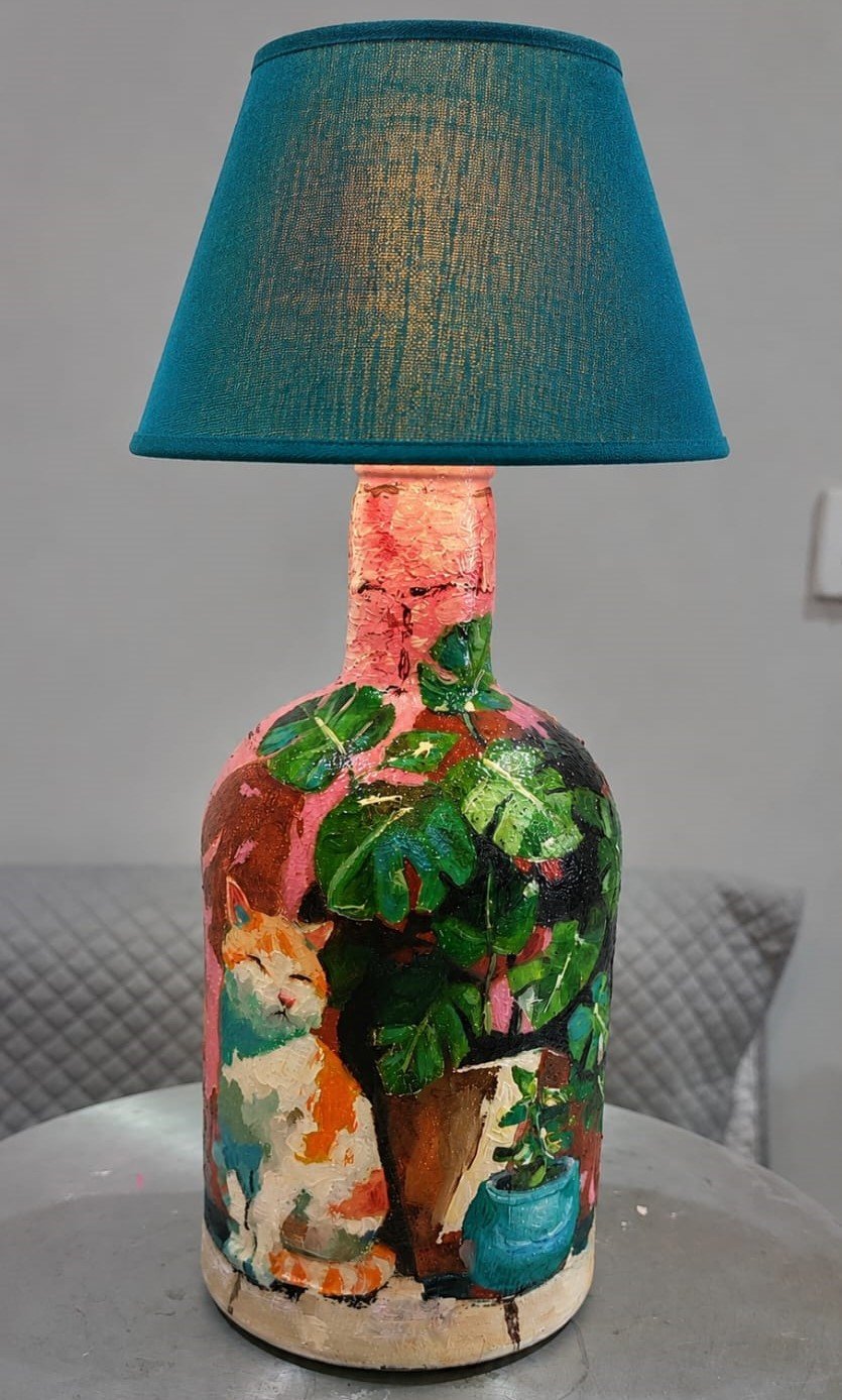 Handcrafted-Hand-Painted-bottle-amp-with-teal-fabric-shade