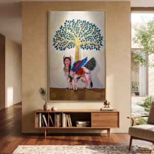 Divine Gau Mata Kamdhenu with Calf Beneath the Tree of Life – 3D Textured Spiritual Canvas Wall Art