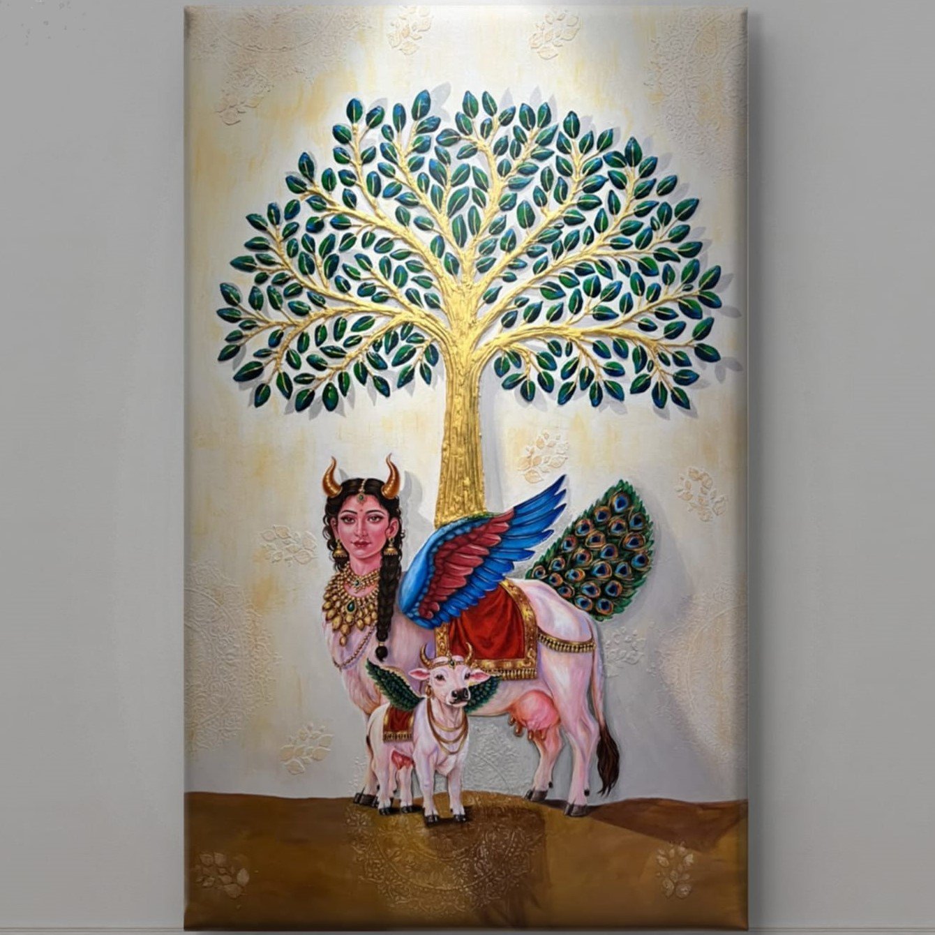 divine-gau-mata-kamdhenu-with-calf-beneath-the-tree-of-life-3d-textured-spiritual-canvas-wall-art